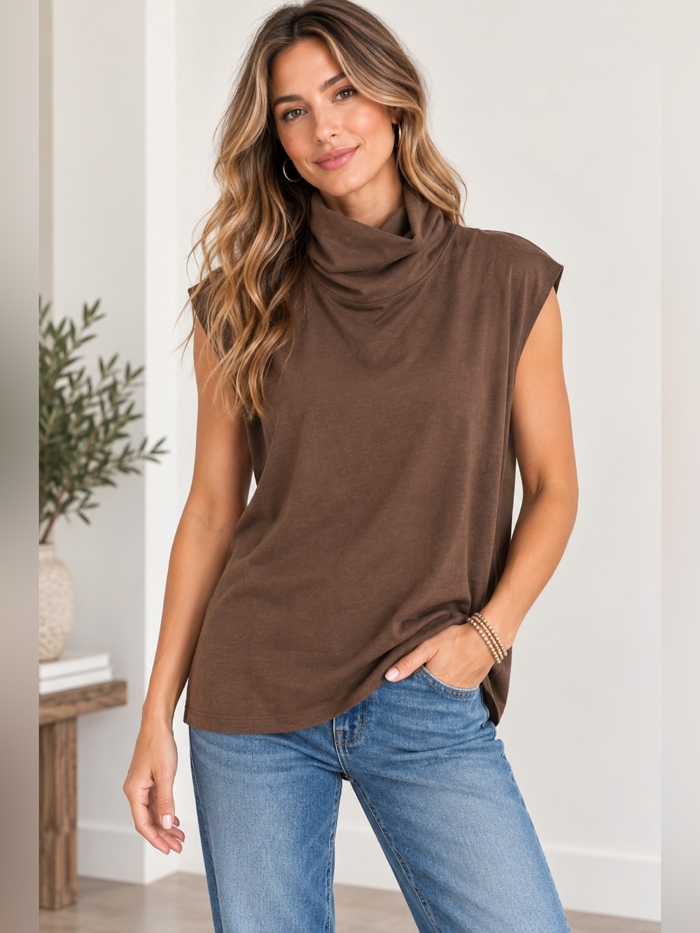 Nation LTD Sleeveless Turtleneck Sweater Tank - Brown XL